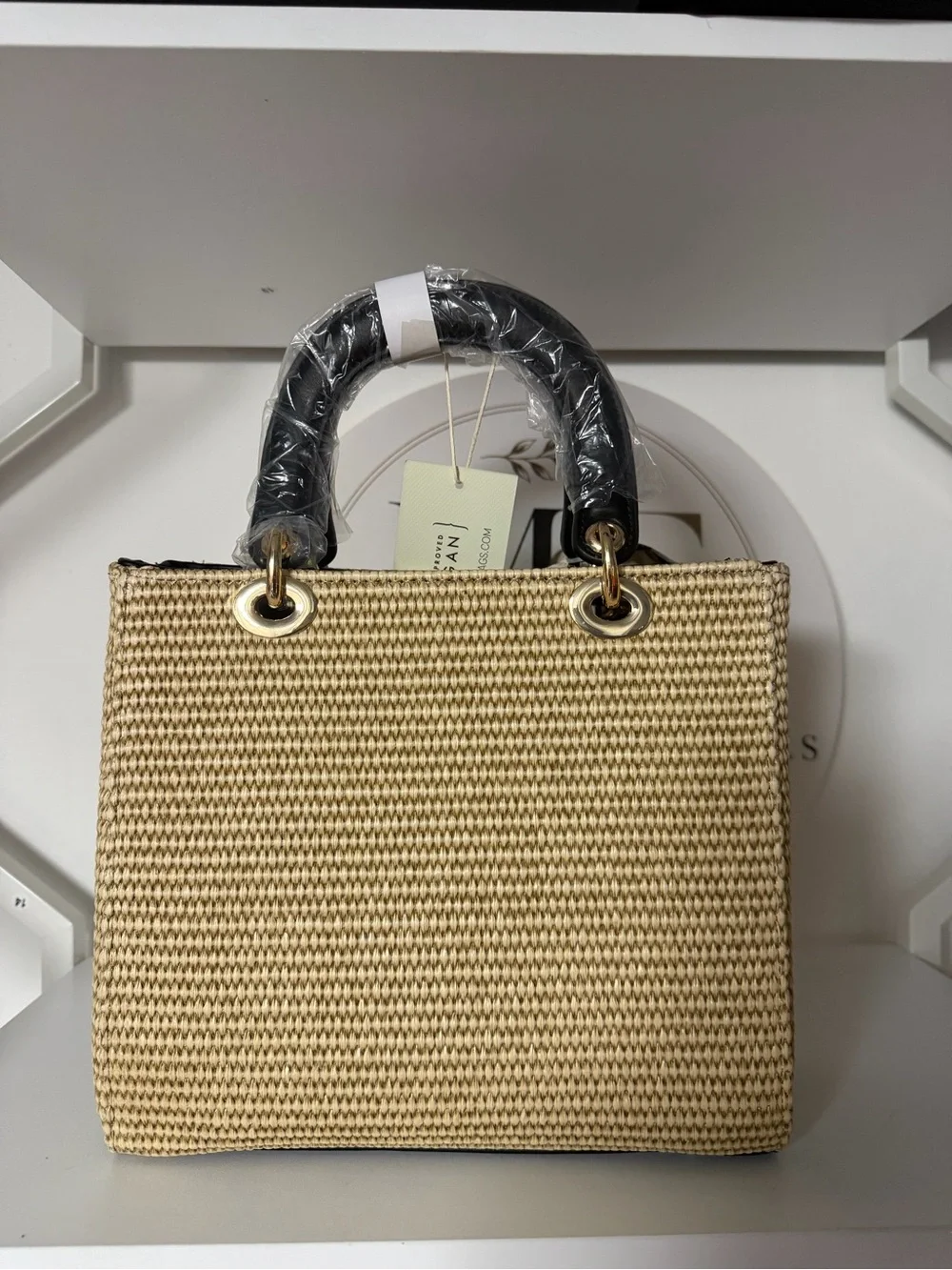 Woven Straw Top-Handle Bag with Scarf Accent - Beige